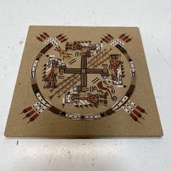 Vintage Decorative Art Lot Egyptian Etched Brass Plate Navajo Sand Art 2 Pieces