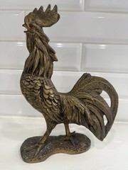 Vintage Art Nouveau Solid Brass Rooster Figurine Statuette With Red Glass Eye