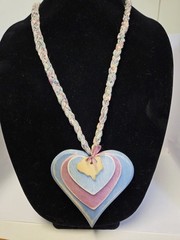 Cottagecore Blue Pink Wood Hearts Rabbit Hang Decor Braided Fabric Vtg Necklace