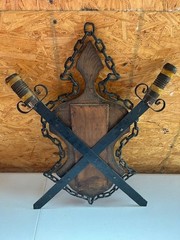 Vintage Medieval Gothic Metal Scroll with Swords, Chains, Candle Wall Hanging