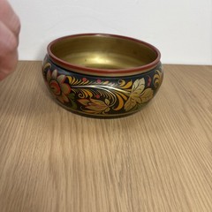 Russian Khokhloma wood Bowl Lid Pot, traditional hand-painted floral motifs Gold