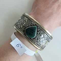 Vintage Tribal Cuff Bracelet | Mixed-Silver 800–900 Content | Malachite Cabochon