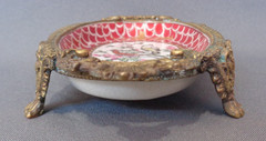 VTG Wong Lee 1980s Bronze & Porcelain Claw Foot Dish Hand Painted Bird Pair Red