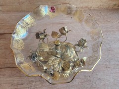 Flamingo Crystal Pedestal Bowl Dish 24KT Gold Gilt Holland Vintage Tole Roses