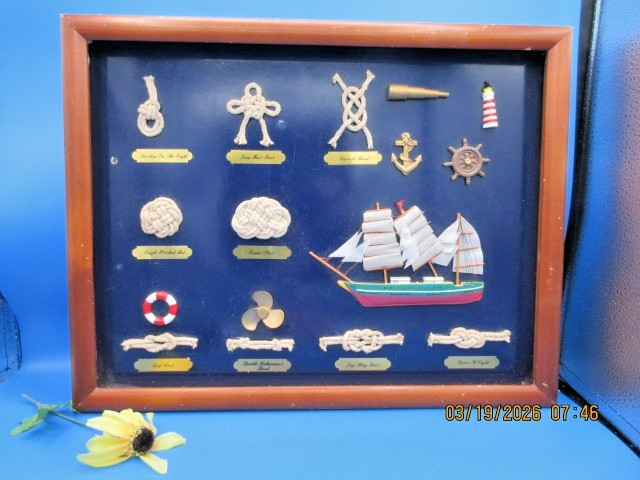 Nautical Wooden Framed Knot Display Featuring Collection of Rope Knots Ship