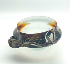 Art Glass Bowl Modernist Organic Brutalist Frosted Hand Painted Leaf And Vine