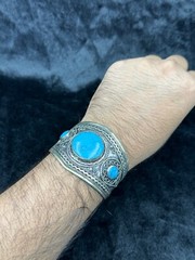 Vintage Afghani Silver Handmade Adjustable Bangle With Turquoise Stone