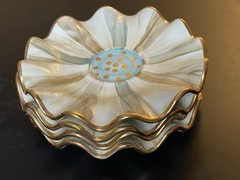 (4pc) Rare Mackenzie Childs Parchment Check Ceramic Fluted Saucers W/ Gold Dots