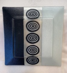 Vintage Modernist Black White Geometric Fused Glass Plate Tray 12.75” X 12.75”