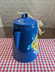9.5″high BLUE Metal Enamaled Percolator w/SUNFLOWERS-BUTTERFLIES decals x DECOR