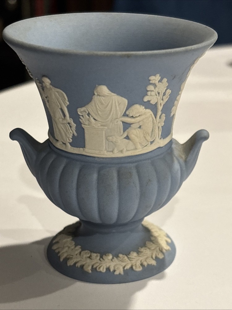 Vintage Wedgwood Blue Jasperware Vase Mini Urn White Classical Relief Decoration