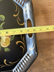 Vintage Hand Painted Floral Toleware Tray Large Gold Black Metal Handles 20×16