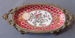 VTG Wong Lee 1980s Bronze & Porcelain Claw Foot Dish Hand Painted Bird Pair Red