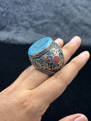 Old Islamic Writing Turquoise Ring Silver Plated Afghanistan Origin Size 9