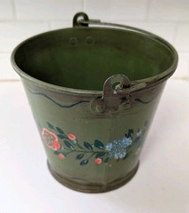 Vintage 1980 Green Toleware Metal Bucket With Hand Painted Flowers Signed