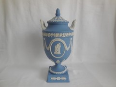 1968 Wedgwood Blue Jasperware Erato & Urania 11.5″ Tall Urn w/ chip underneath