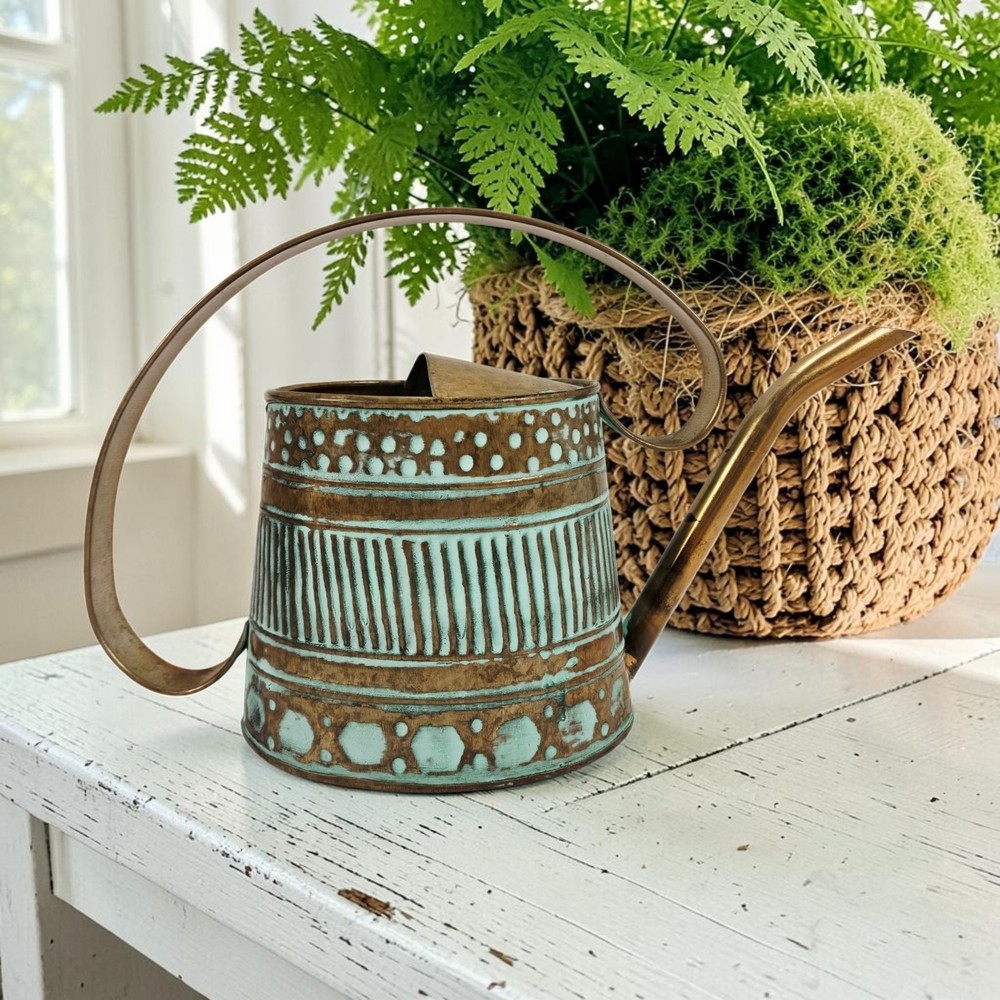 VTG Metal Copper Watering Can Decor Green Verdigris Teal Patina 0.5 Gal 12″