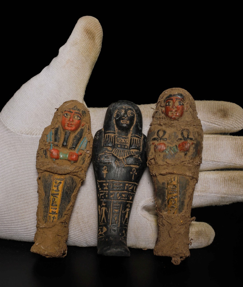 Authentic Ancient Egyptian Ushabti Set of 3 Wrapped in Linen Artifact Figure BC