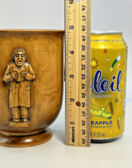 Vintage Carved Wooden Folk Art Cup Vase Vessel 3 Carved Wood Figures SIGNED 4.8″