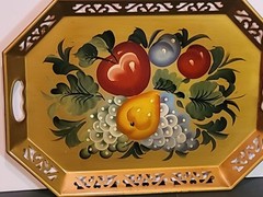 Vtg Toleware Metal Octagon Gold Tray Hand Painted Fruit Reticulated Handles