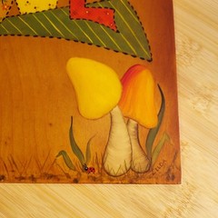 Mushrooms Love Lady Bug SIGNED Vintage 1970s Wall Hanging Felt Back Boho Tole
