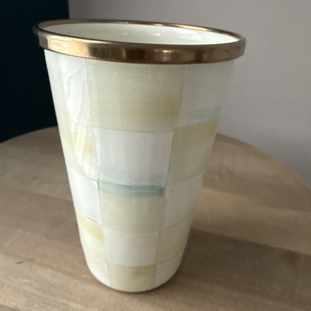 Retired Mackenzie Childs Parchment Check 10 Oz Enamel Tumbler NWT Rare