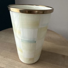 Retired Mackenzie Childs Parchment Check 10 Oz Enamel Tumbler NWT Rare