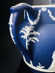 ANTIQUE WEDGWOOD DARK BLUE JASPER WARE DIP PITCHER c 1891 Sacrificial Figs 5”
