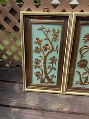 Vintage Homco Gold Floral Wall Plaques Set of 4 MCM Teal Blue Botanical 1970s
