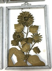Vintage Art Deco Wall Art 3D Brass Color Tin Metal Flowers in Wooden Frames x4