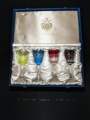 Faberge Na Zdorovye Crystal Colored Cordial Glasses 5 3/4″ H x 2″ at rim NIB