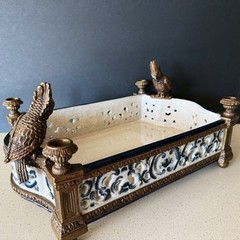 CASTILIAN Footed Centerpiece Planter Candleholder Porcelain Crackle Bronze Birds