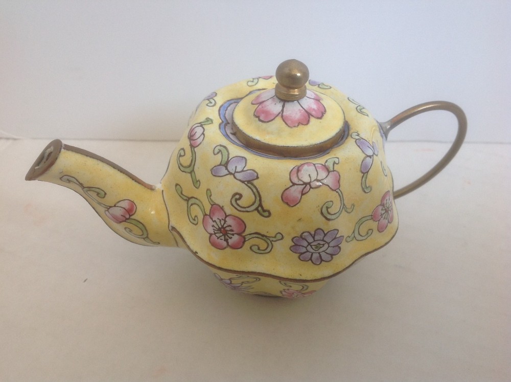 Miniature Brass Teapot w/ Painted Enamel YELLOW w/ Floral Design Unbranded VGC