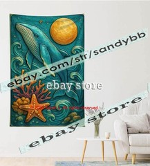 Whale Moon Ocean Relief Tapestry 3D look Wall Art coastal decor 39X59 in