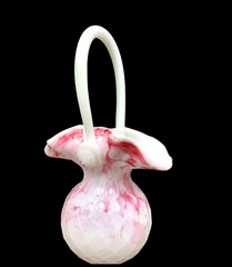 Pink Hand Blown Art Glass Basket Bowl Mid Century Pink & White Swirl 9″ Vintage