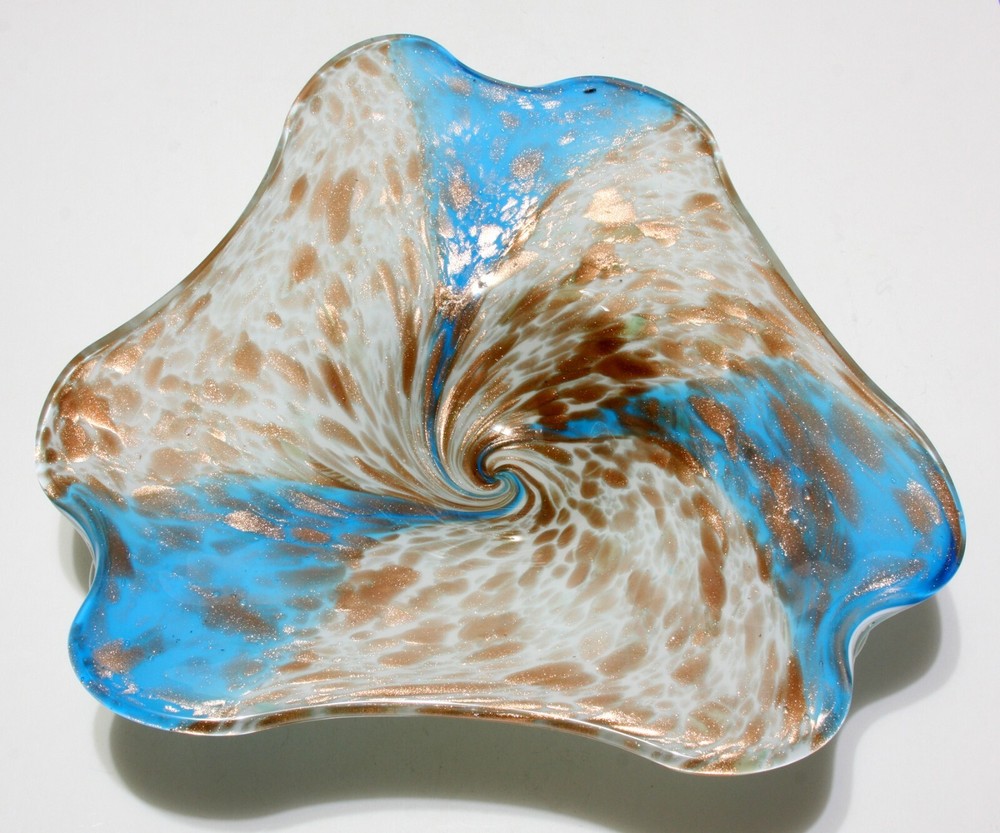 LARGE Vintage Viking Art Glass Modernist Freeform Table Bowl Aqua & Gold Swirl