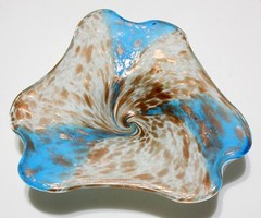 LARGE Vintage Viking Art Glass Modernist Freeform Table Bowl Aqua & Gold Swirl