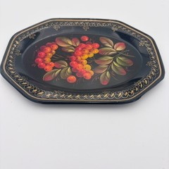 Painted Metal Mini Tray Folk Art Toleware Style Black w/ Red Orange Berries