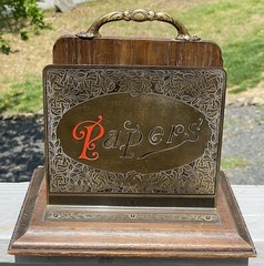 Antique 19th C. Victorian Desk Paper Organizer Brass Wood Enamel Art Nouveau