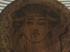 WORN SHABBY art Nouveau LADY Pyrography Wall Plaque Wood OLD, Sweet!