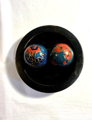 Black Decorative Bowl Dish with 2 Blue Red Cloisonne Style Balls Asian Decor