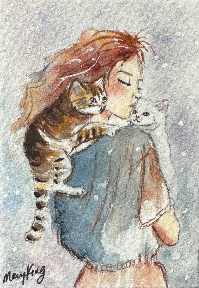 Original Watercolor ACEO Painting by Mary King – Kitten Love – cat