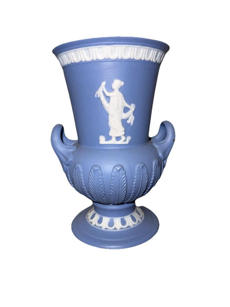 Wedgwood Blue Jasperware Vase with White Classical Relief Decoration Vintage