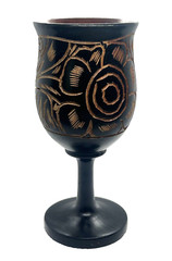 VTG Black Hand Carved Floral Stemmed Wood Goblet 7in