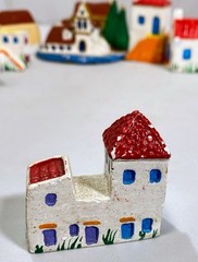 Ceramic Mini Greek Village (8) Houses Church Boat Handmade Hand-Painted