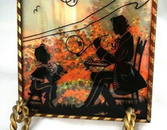 Pair 1940 Convex Benton Glass Matching Silhouettes 4×5” Picking Flowers Bubbles