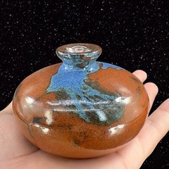 Vintage Hand Trown Art Pottery Bud Vase Signed Hand Made Ceramic Blue Red Drip