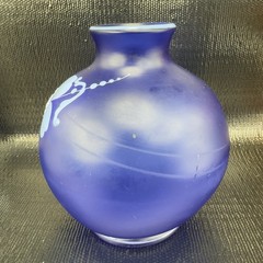 Vintage Bohemian Hand Blown Art Glass Enameled Flower Paint Vase Bowl Blue VTG