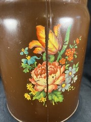 VTG Hand Painted CANCO Toleware Metal Trashcan / Can Floral Roses Brown 13”