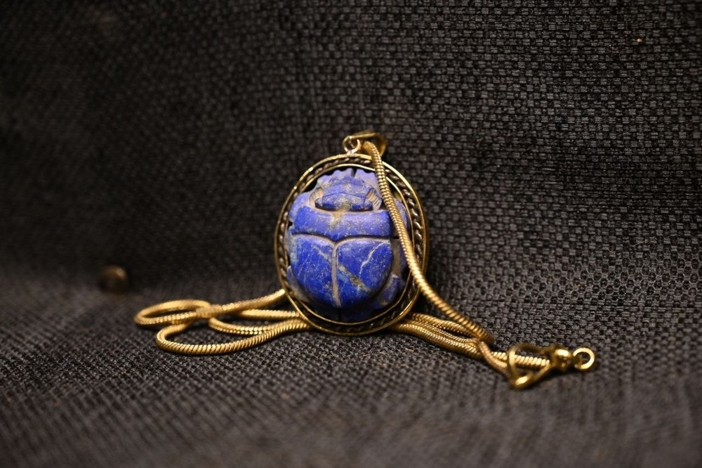 Ancient Egyptian Lapis Lazuli Scarab Pendant Rare Blue Stone Amulet Necklace